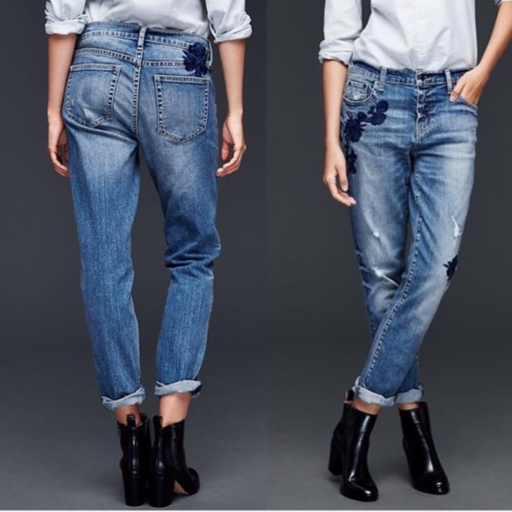 Gap Floral Embroidered Distressed Girlfriend Jeans